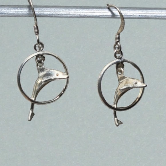 Vintage Jewelry - 🐬 Vintage sterling 3D dolphin ju.ping through hoop earrings